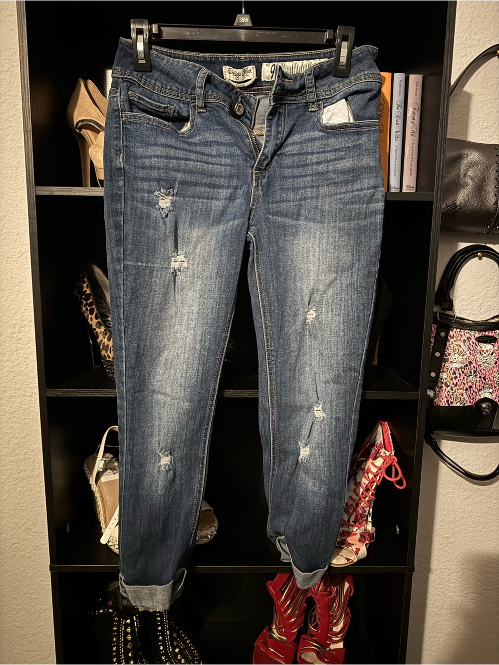 Indigo Rein Women's Distressed Dark Blue Boyfriend Jeans